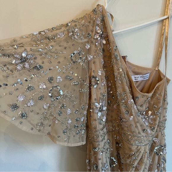 Mac Duggal Embellished One Shoulder Draped Maxi Gown Nude & Silver | Size 8 - Picture 5 of 16